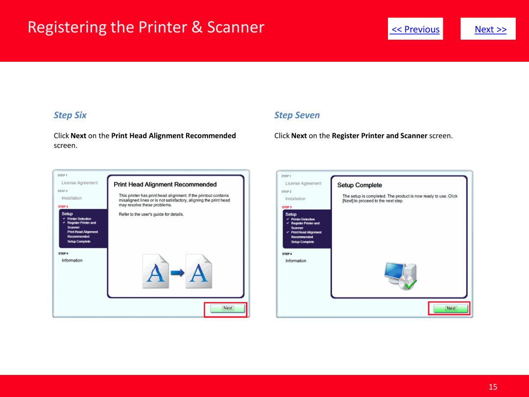 Canon MP495 manual Registering the Printer & Scanner, Previous, Next, Step Six, Step Seven, screen 