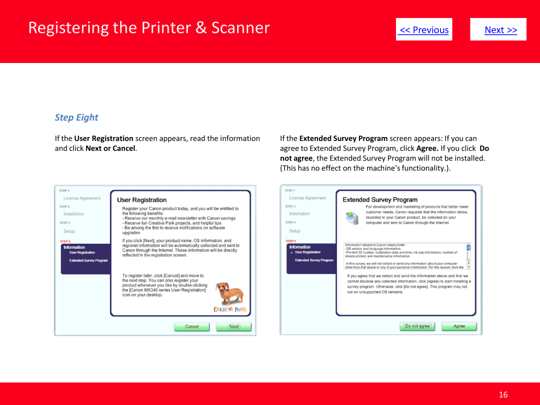 Canon MP495 manual Step Eight, Registering the Printer & Scanner, Previous, and click Next or Cancel 