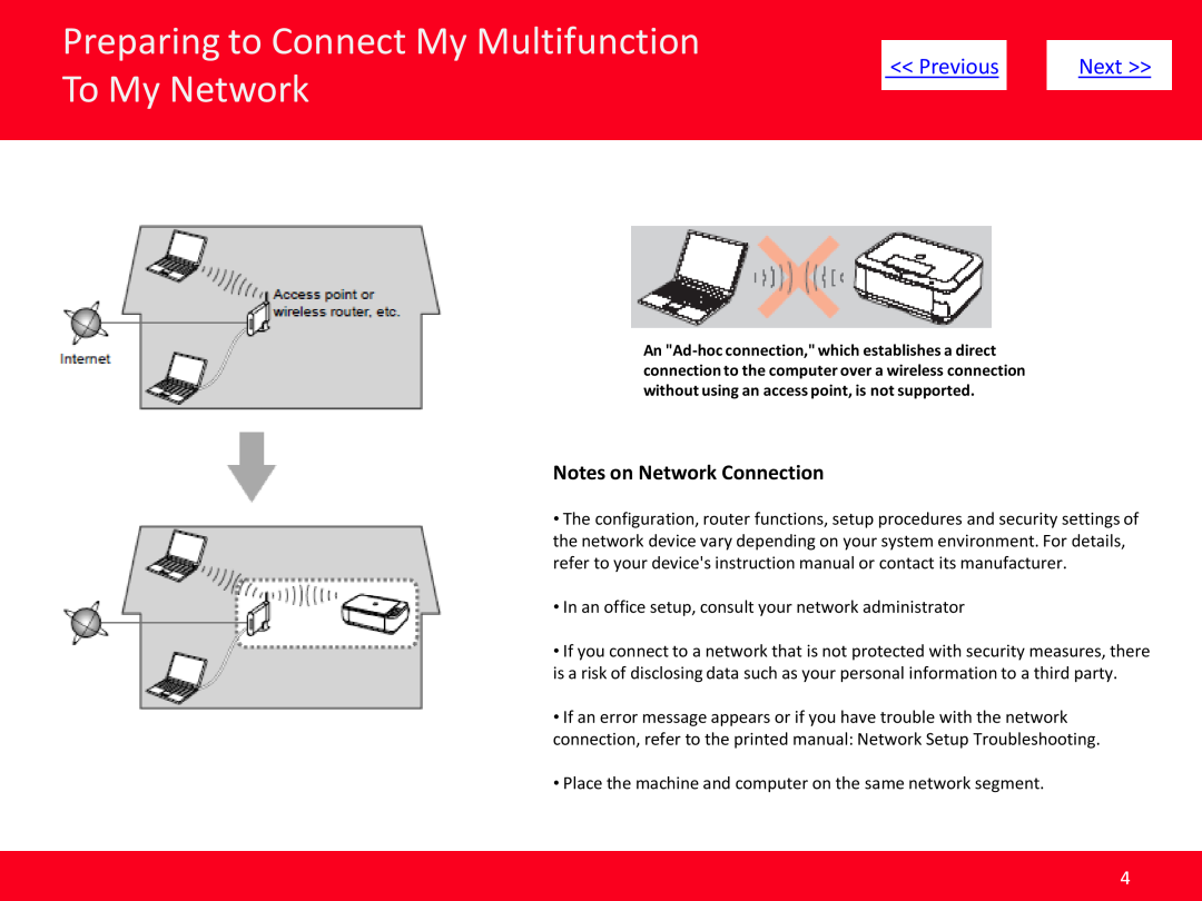 Canon MP495 manual Preparing to Connect My Multifunction To My Network, Previous, Next, Notes on Network Connection 