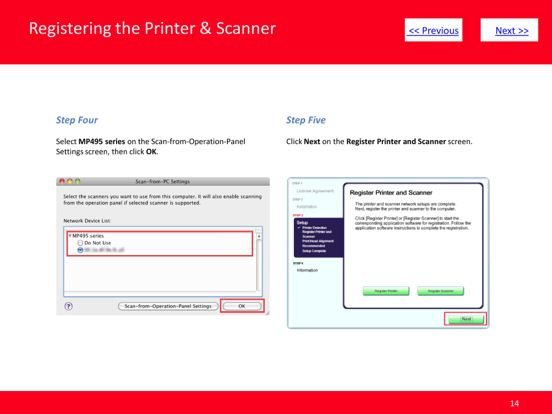 Canon manual Step Four Step Five, Select MP495 series on the Scan-from-Operation-Panel, Settings screen, then click OK 