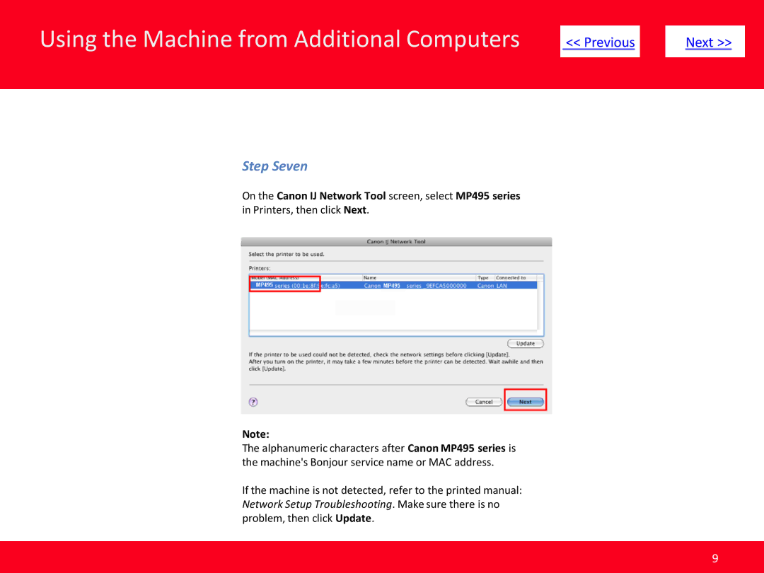 Canon manual Step Seven, On the Canon IJ Network Tool screen, select MP495 series 