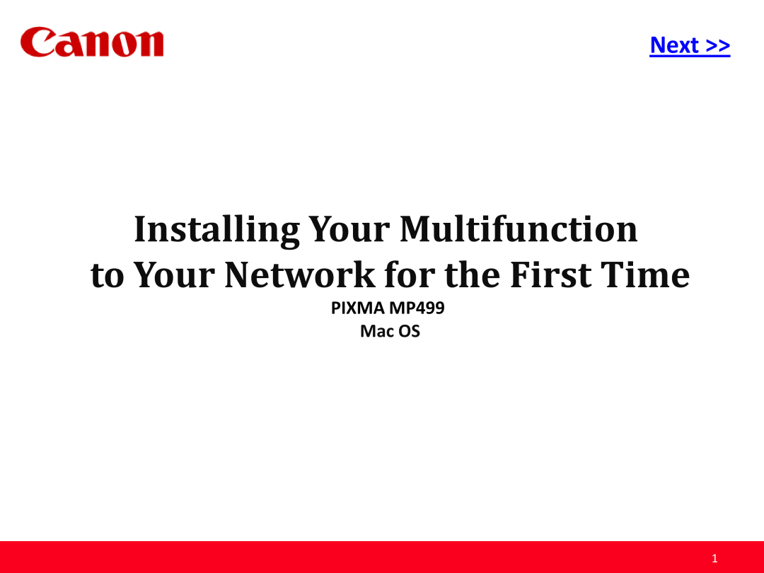Canon manual Installing Your Multifunction to Your Network for the First Time, Next, PIXMA MP499, Mac OS, Previous 