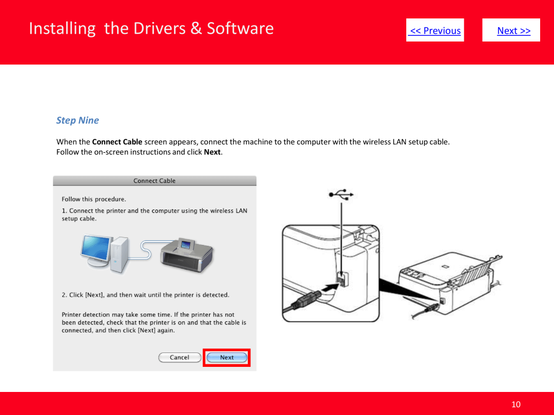 Canon MP499 manual Step Nine, Installing the Drivers & Software, Previous, Next 