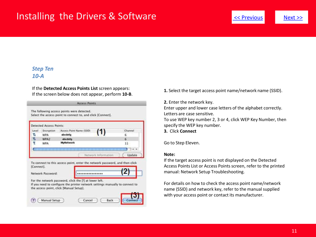 Canon MP499 manual Step Ten 10-A, Installing the Drivers & Software, Previous, Next, Click Connect 