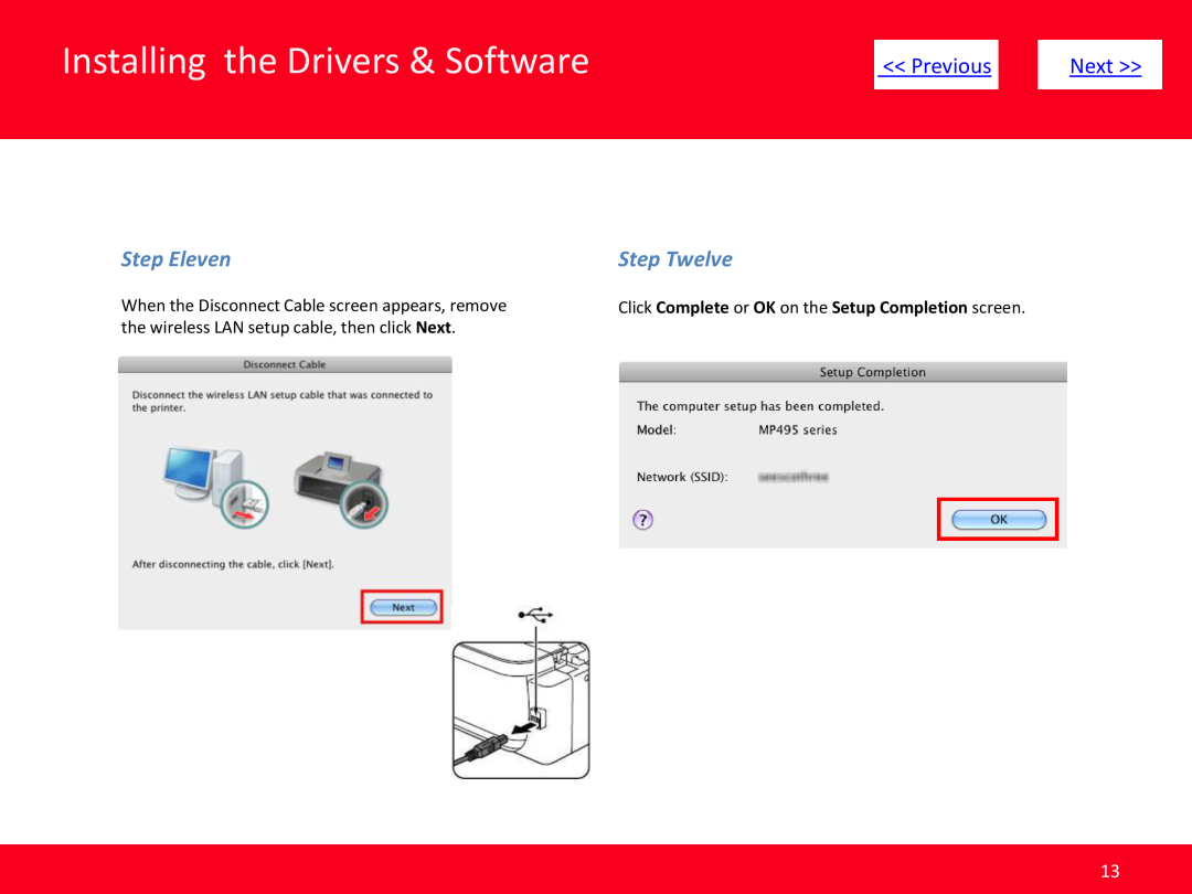 Canon MP499 manual Step Eleven, Step Twelve, Installing the Drivers & Software, Previous, Next 