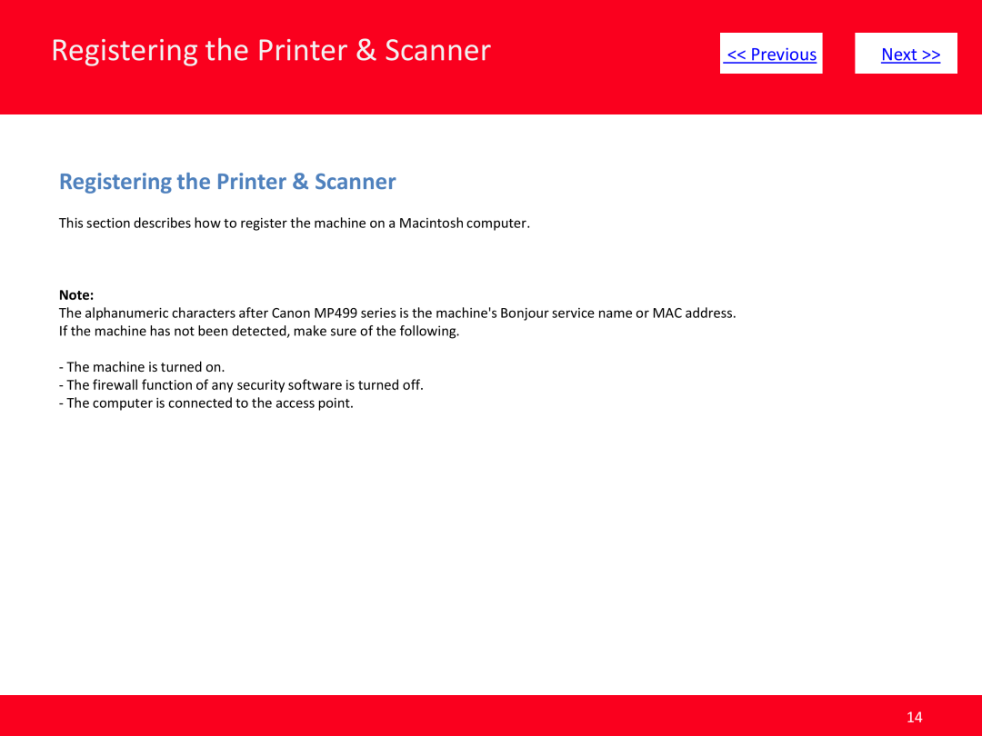 Canon MP499 manual Registering the Printer & Scanner, Previous, Next 