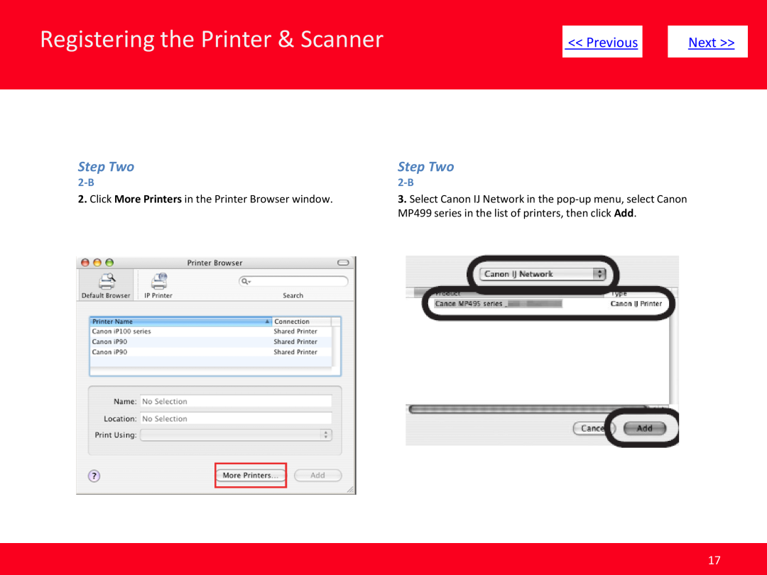 Canon MP499 Registering the Printer & Scanner, Previous, Next, Step Two, Click More Printers in the Printer Browser window 