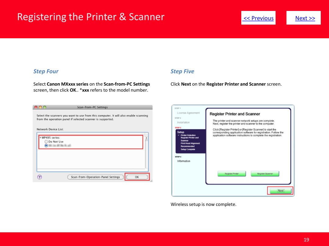 Canon MP499 manual Registering the Printer & Scanner, Previous, Next, Step Four, Step Five, Wireless setup is now complete 