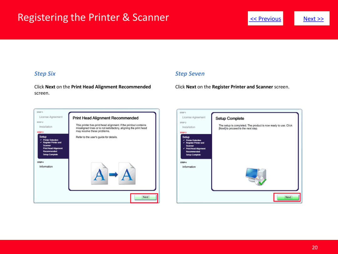 Canon MP499 manual Registering the Printer & Scanner, Previous, Next, Step Six, Step Seven, screen 