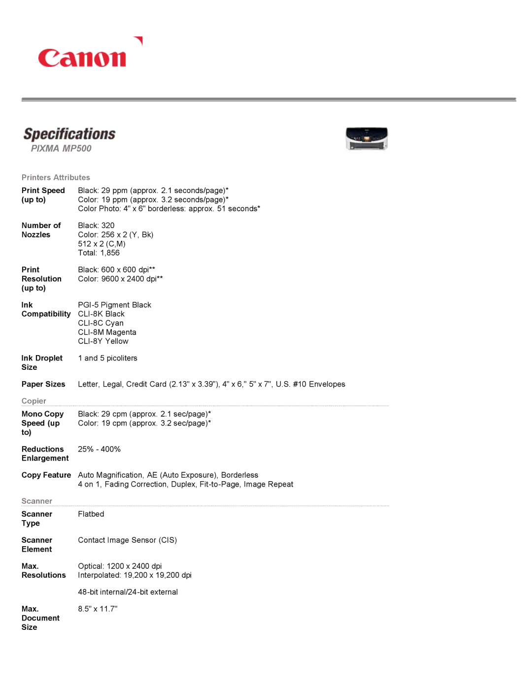 Canon MP500 manual Printers Attributes, Copier, Scanner 