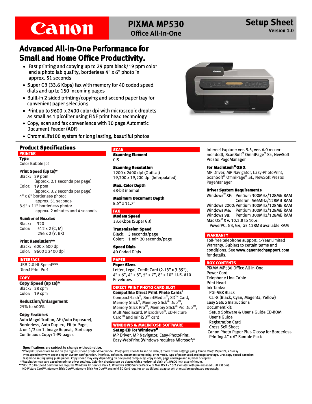 Canon specifications Setup Sheet, Product Specifications, Canon, PIXMA MP530, Office All-In-One, Version 