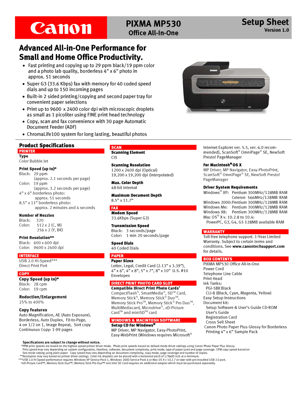 Canon MP530 specifications Product Specifications 