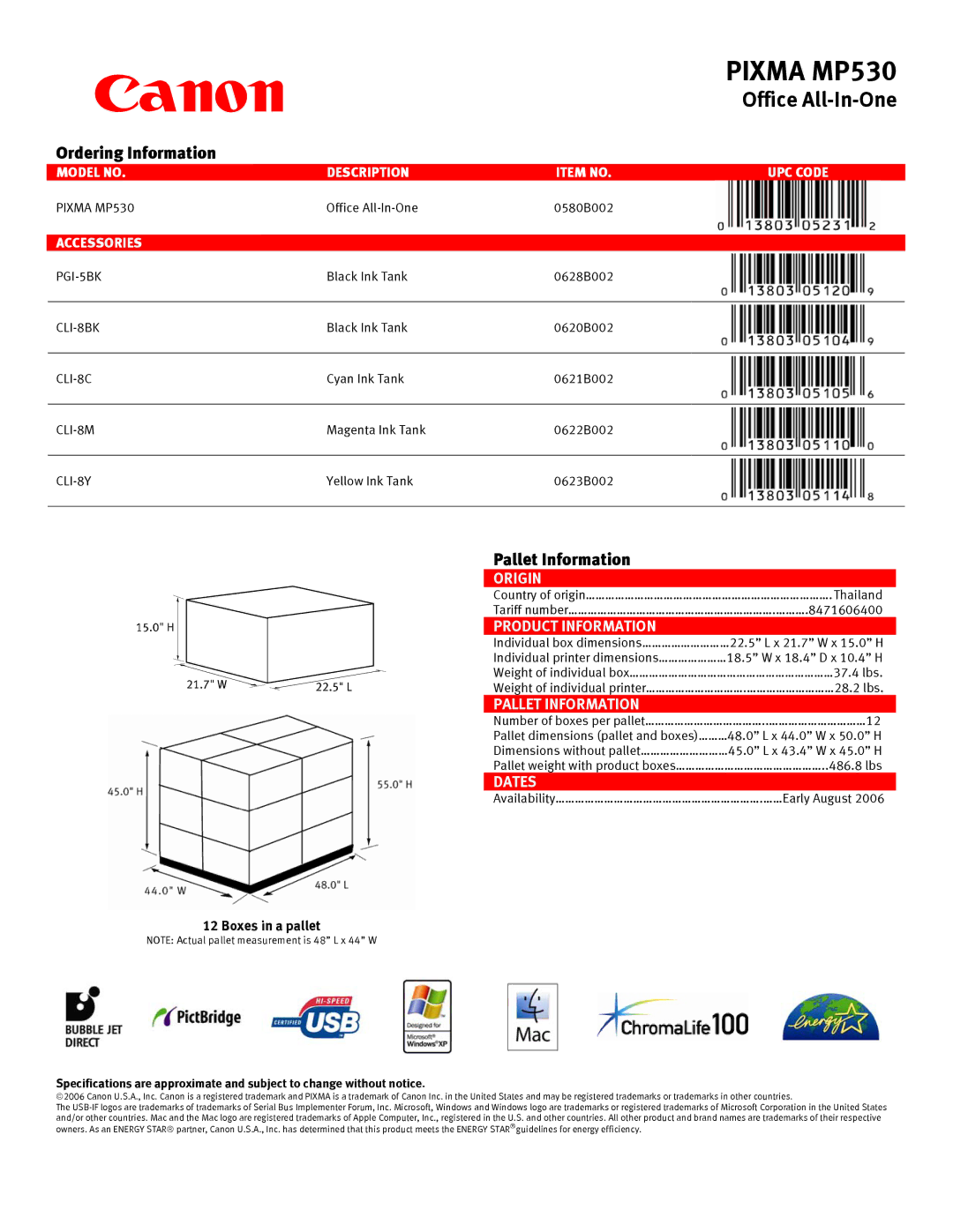 Canon MP530 specifications Ordering Information, Pallet Information 