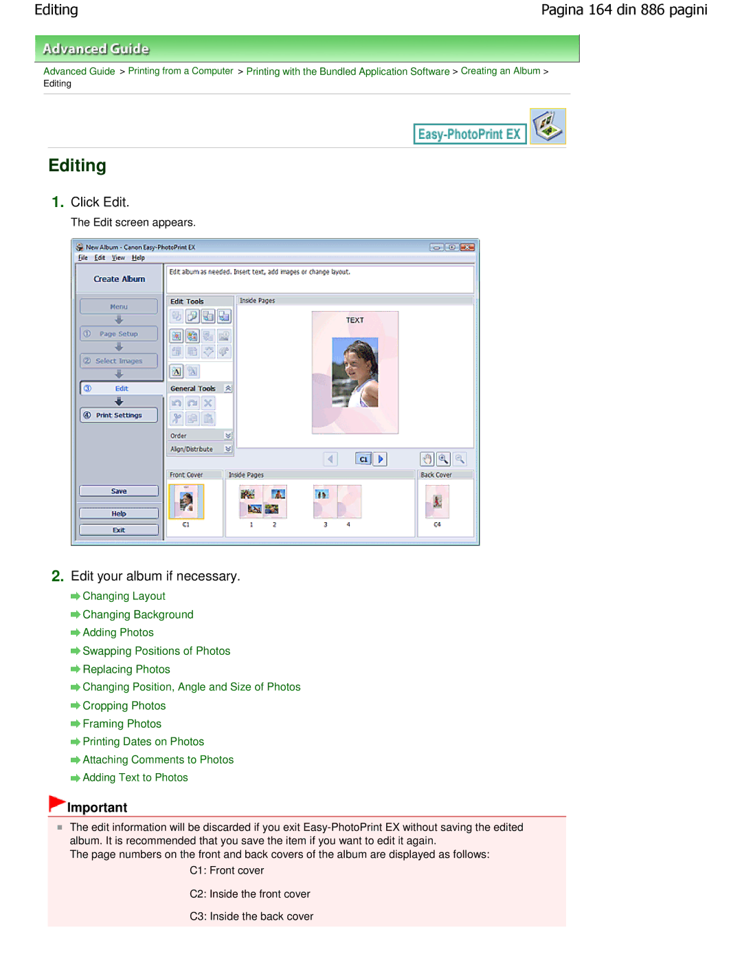 Canon MP550 manual Editing, Click Edit, Edit your album if necessary, Edit screen appears 