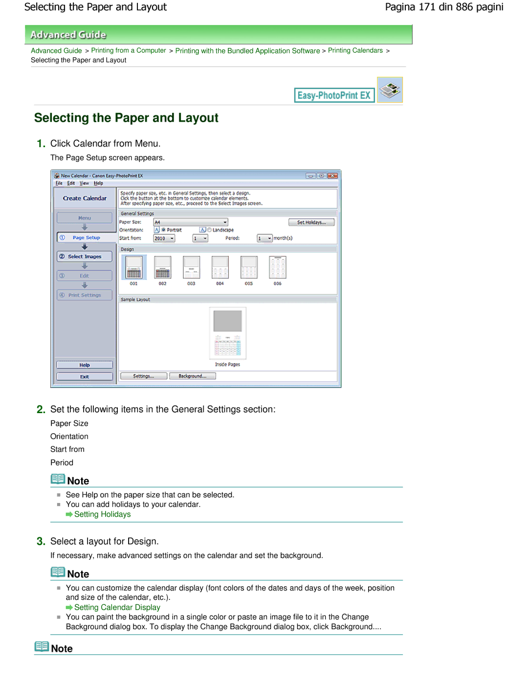 Canon MP550 manual Click Calendar from Menu, Select a layout for Design 