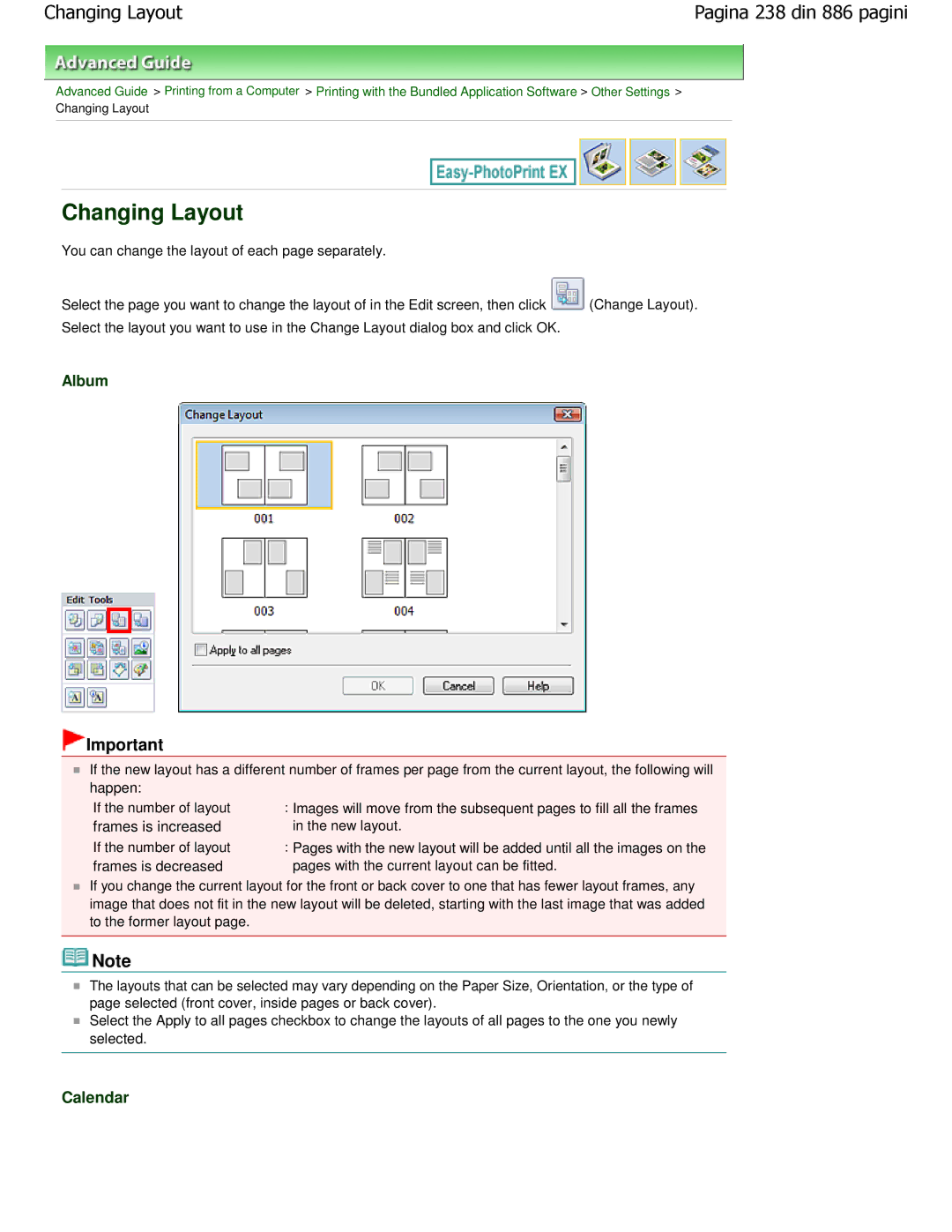 Canon MP550 manual Changing Layout, Album, New layout 