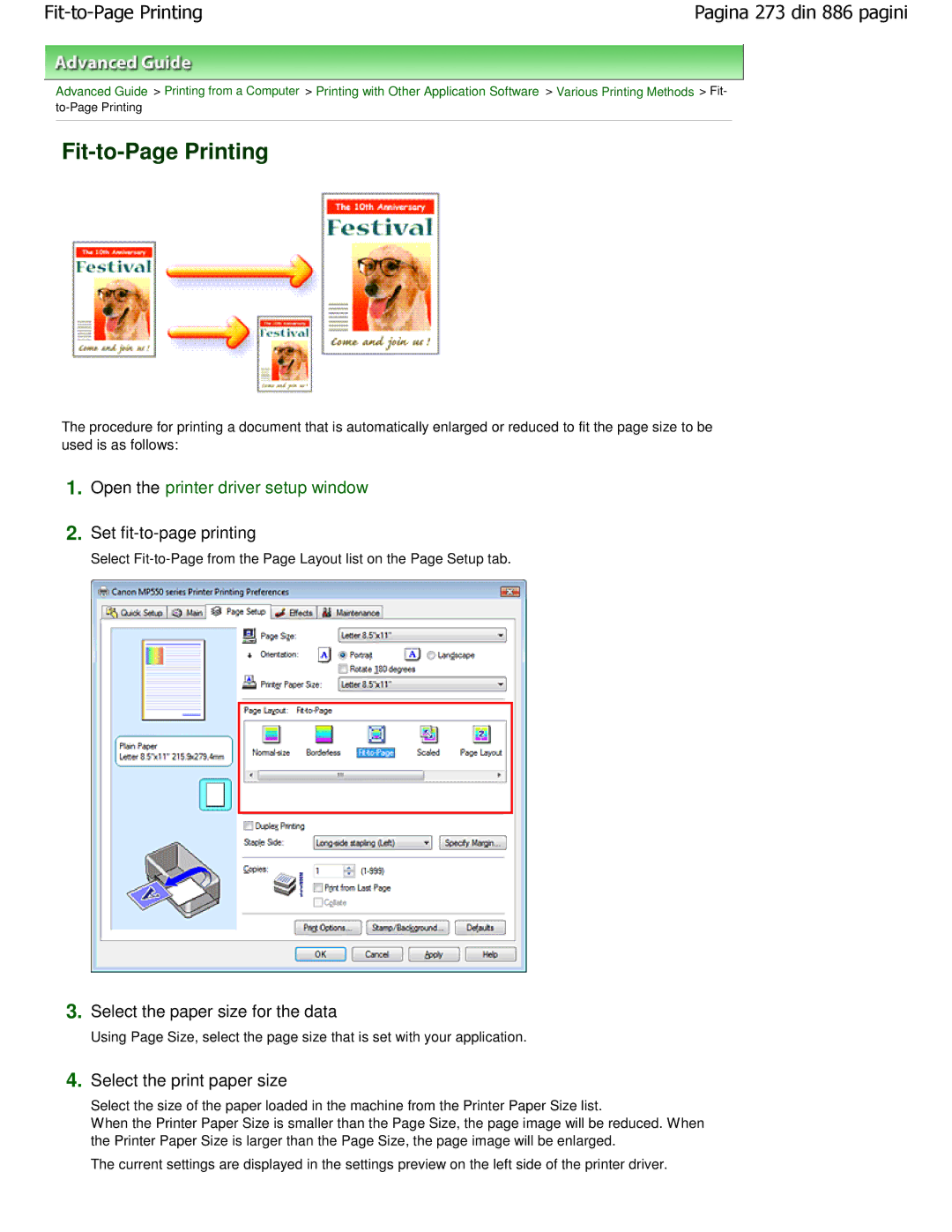 Canon MP550 manual Fit-to-Page Printing, Select the print paper size, Set fit-to-page printing 