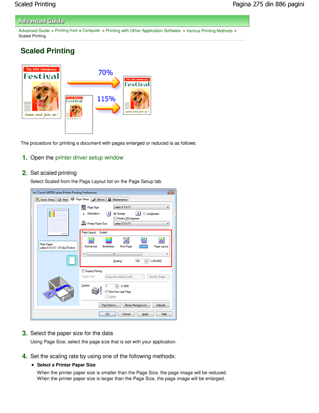 Canon MP550 manual Scaled Printing, Set scaled printing, Set the scaling rate by using one of the following methods 