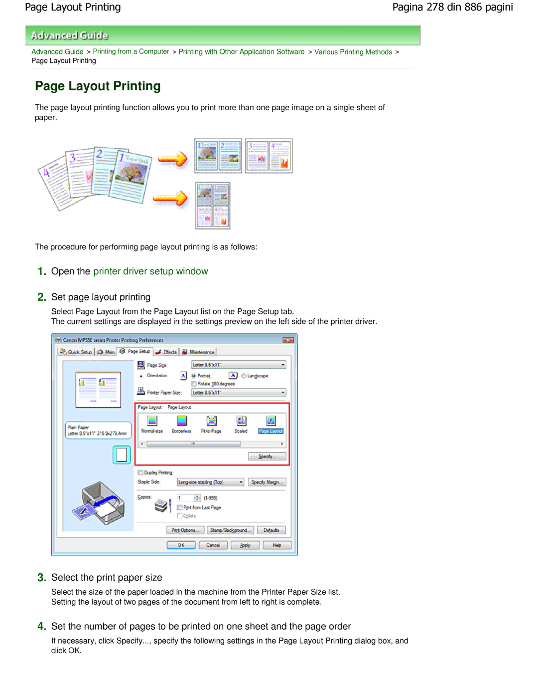 Canon MP550 manual Layout Printing, Set page layout printing 