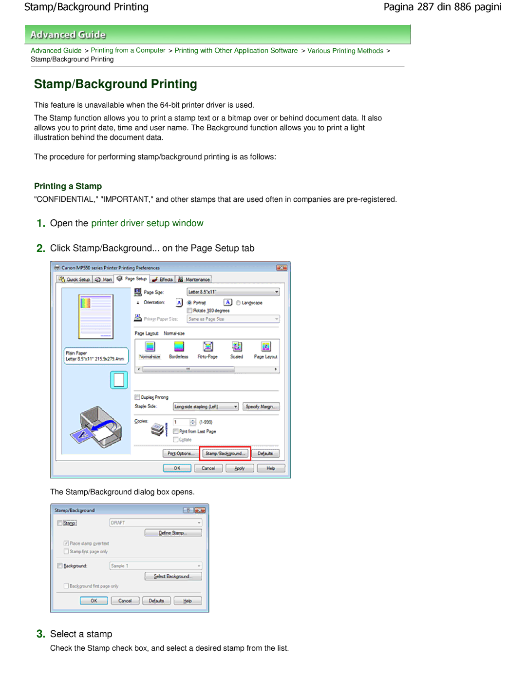 Canon MP550 Stamp/Background Printing, Select a stamp, Click Stamp/Background... on the Page Setup tab, Printing a Stamp 