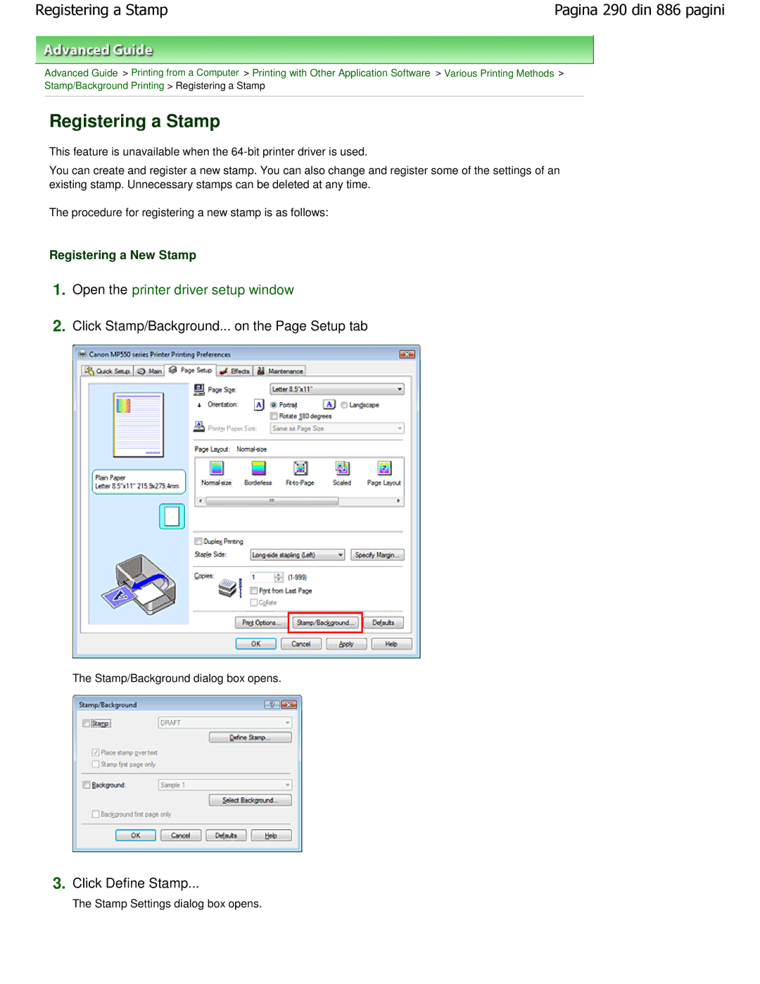 Canon MP550 manual Registering a Stamp, Click Define Stamp, Registering a New Stamp, Stamp Settings dialog box opens 