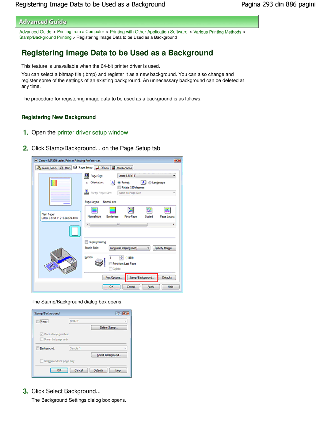 Canon MP550 manual Registering Image Data to be Used as a Background, Click Select Background, Registering New Background 