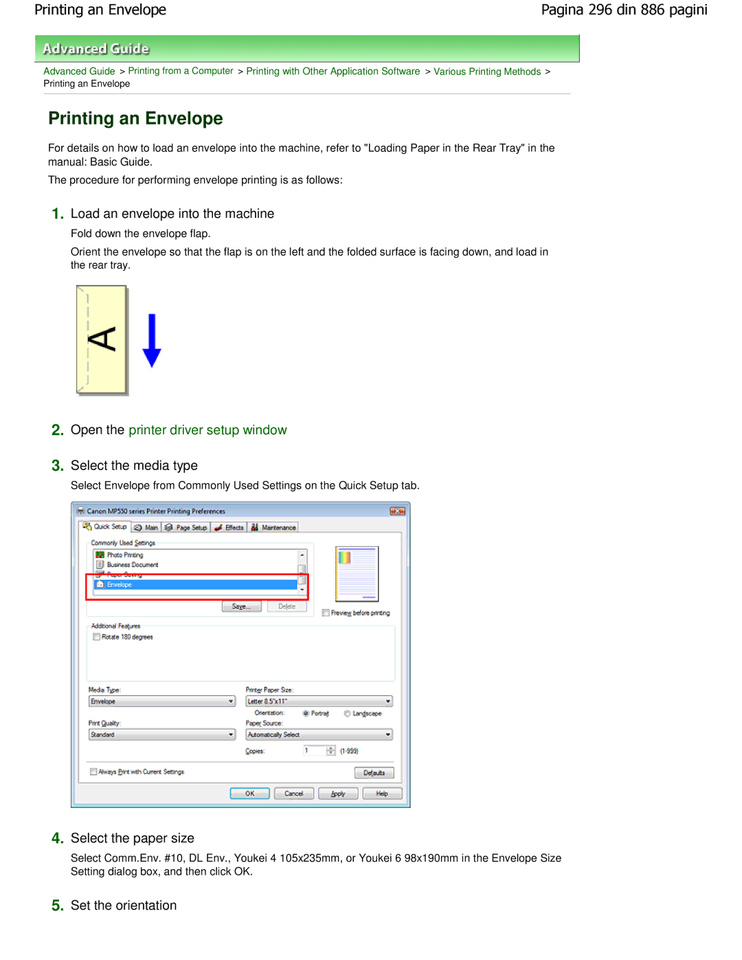 Canon MP550 manual Printing an Envelope, Select the media type, Load an envelope into the machine, Set the orientation 