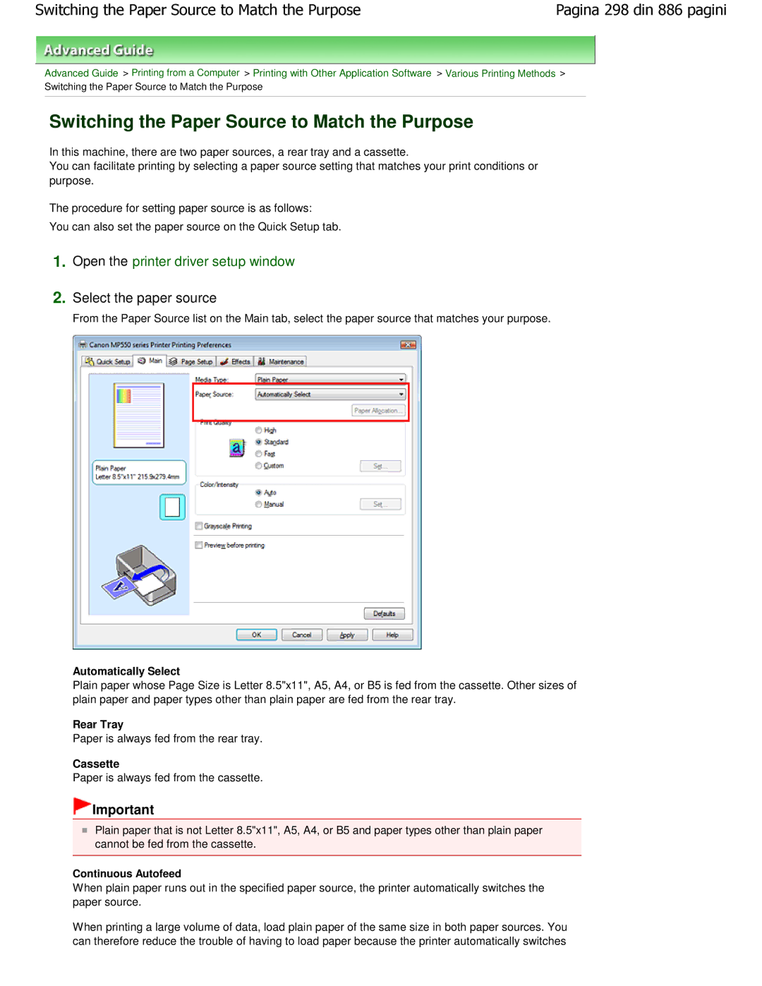 Canon MP550 manual Switching the Paper Source to Match the Purpose, Automatically Select, Rear Tray, Cassette 