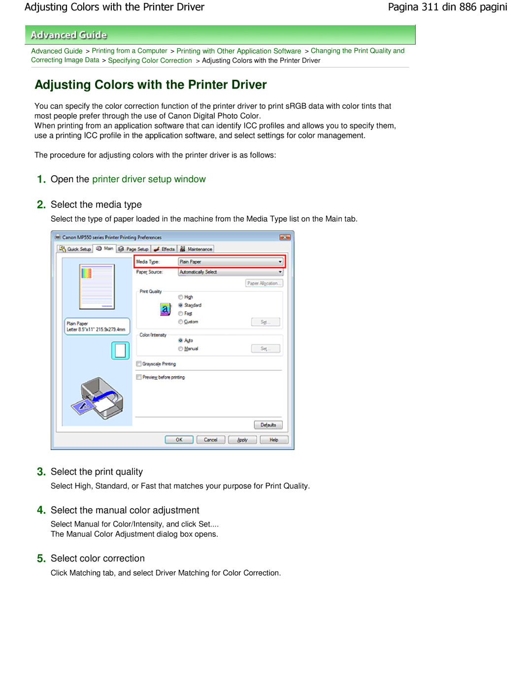 Canon MP550 manual Adjusting Colors with the Printer Driver, Select the media type 