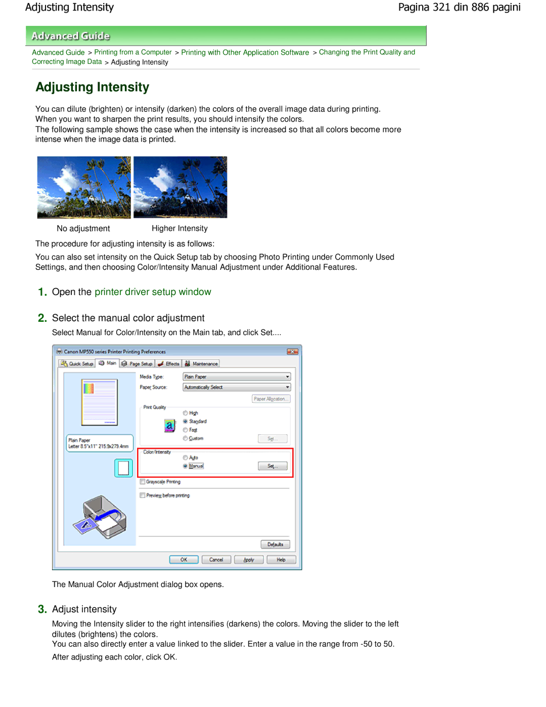 Canon MP550 manual Adjusting Intensity, Adjust intensity 