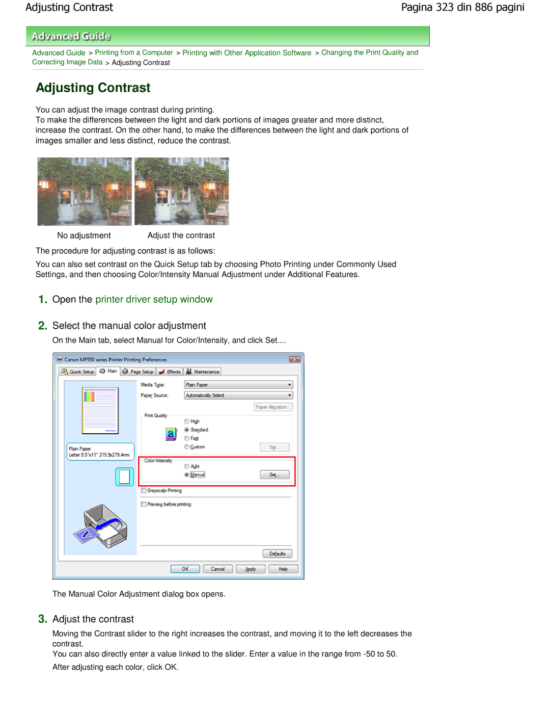 Canon MP550 manual Adjusting Contrast, Adjust the contrast, You can adjust the image contrast during printing 