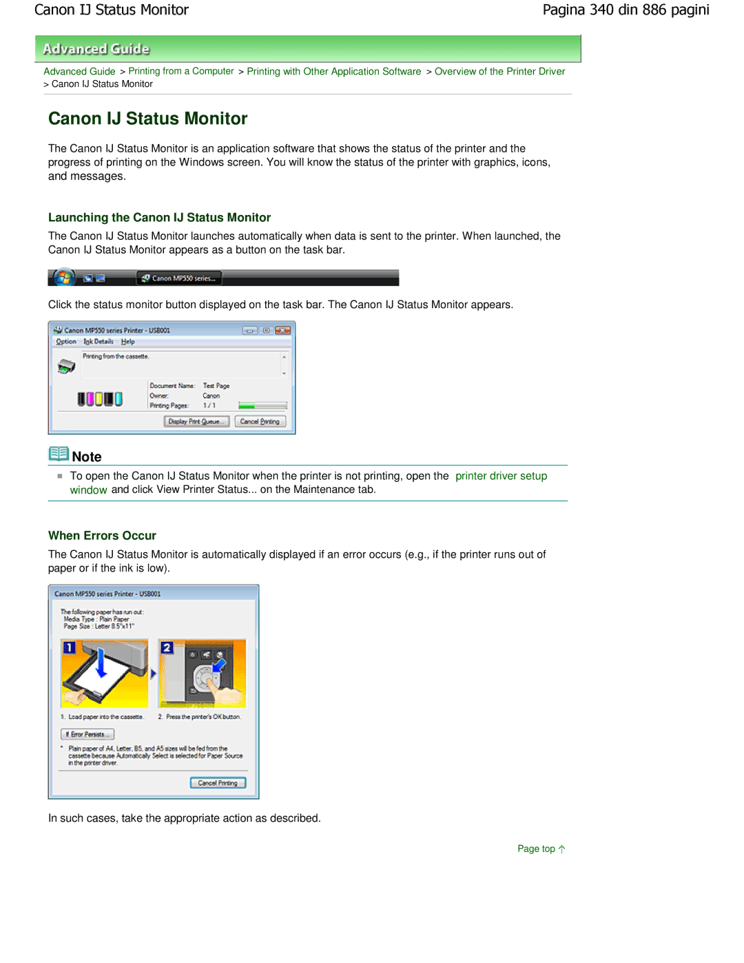 Canon MP550 manual Launching the Canon IJ Status Monitor, When Errors Occur 