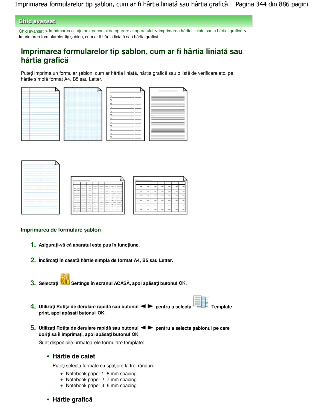 Canon MP550 manual Hârtie de caiet, Hârtie grafică, Imprimarea de formulare ẟablon 