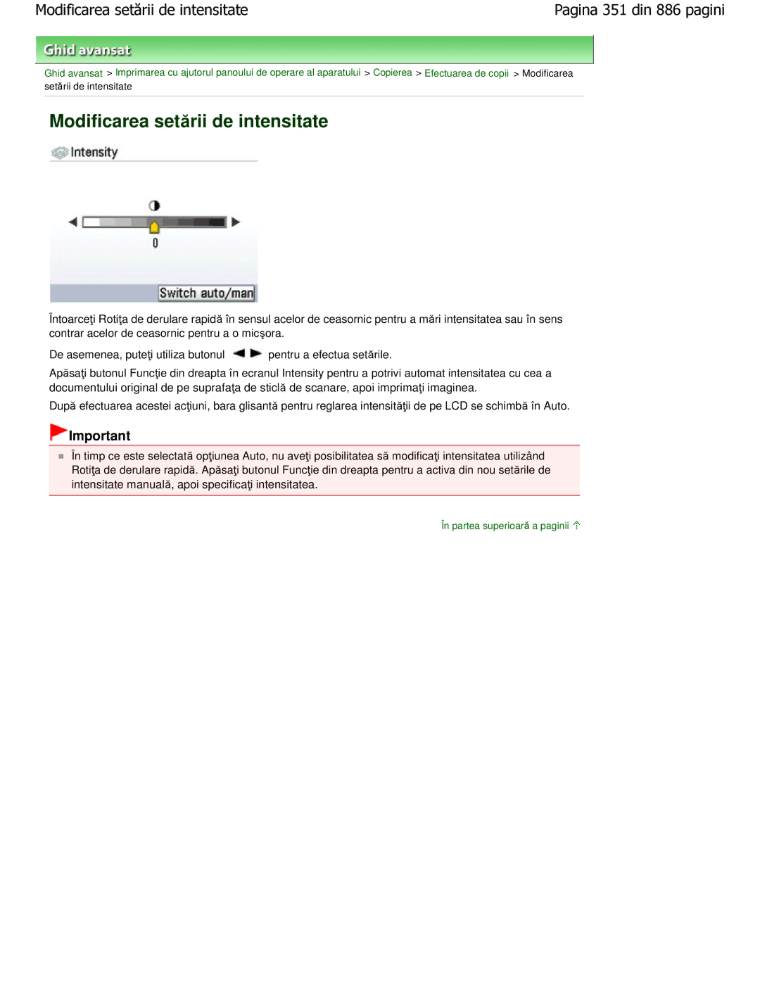 Canon MP550 Modificarea setării de intensitate, Intensitate manuală, apoi specificaţi intensitatea 