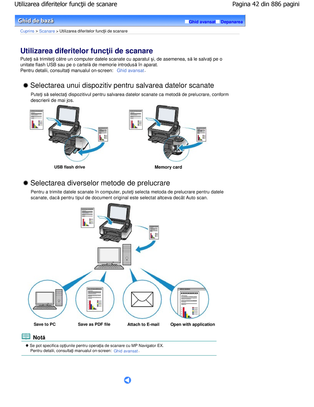 Canon MP550 manual Selectarea unui dispozitiv pentru salvarea datelor scanate, Selectarea diverselor metode de prelucrare 