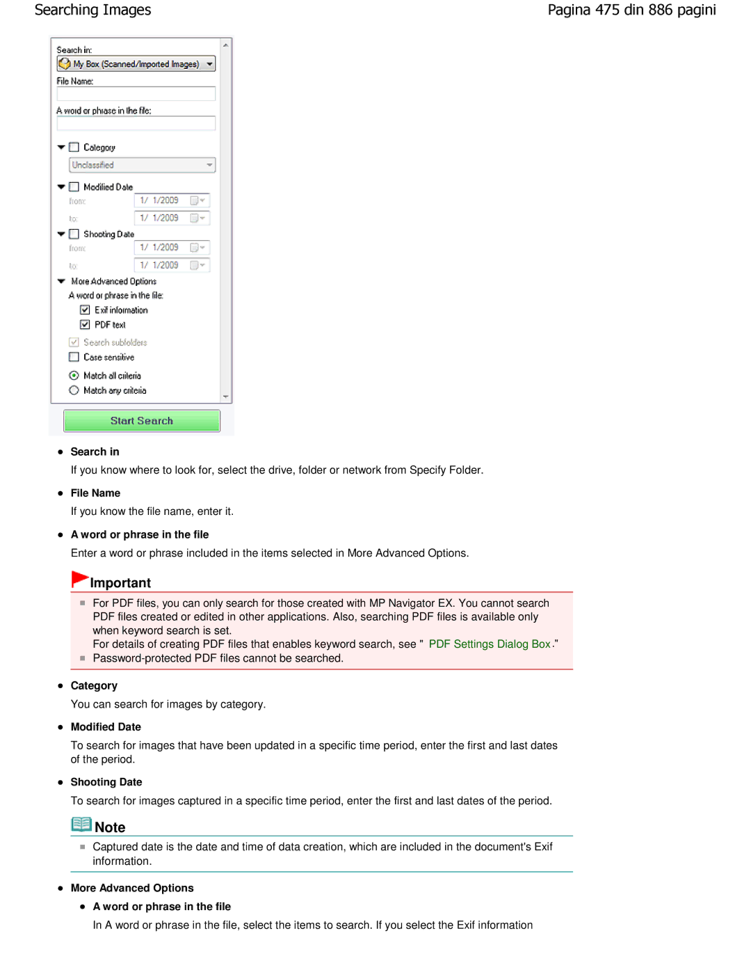 Canon MP550 manual File Name, Word or phrase in the file, Category, Modified Date, Shooting Date 