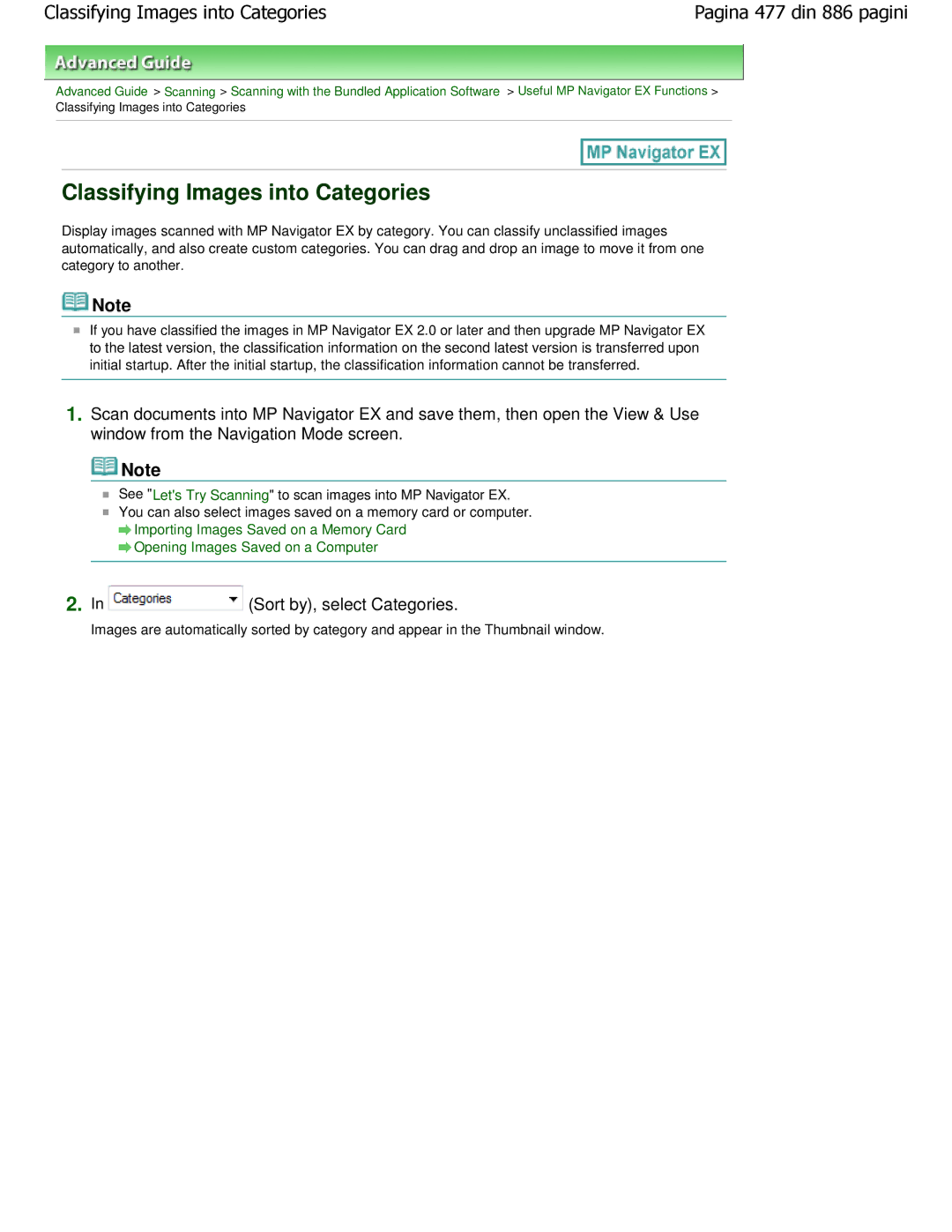 Canon MP550 manual Classifying Images into Categories, Sort by, select Categories 