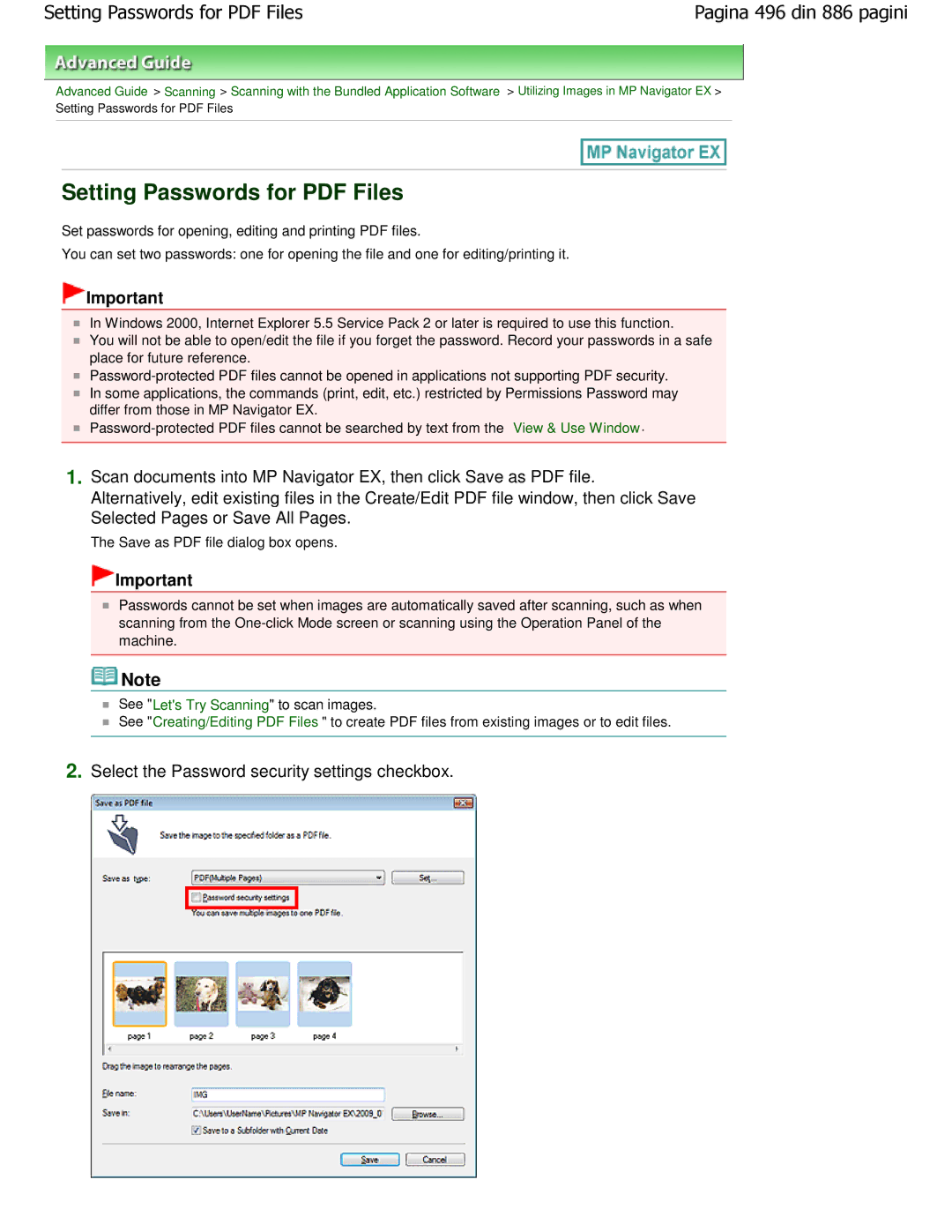 Canon MP550 manual Select the Password security settings checkbox, Machine See Lets Try Scanning to scan images 