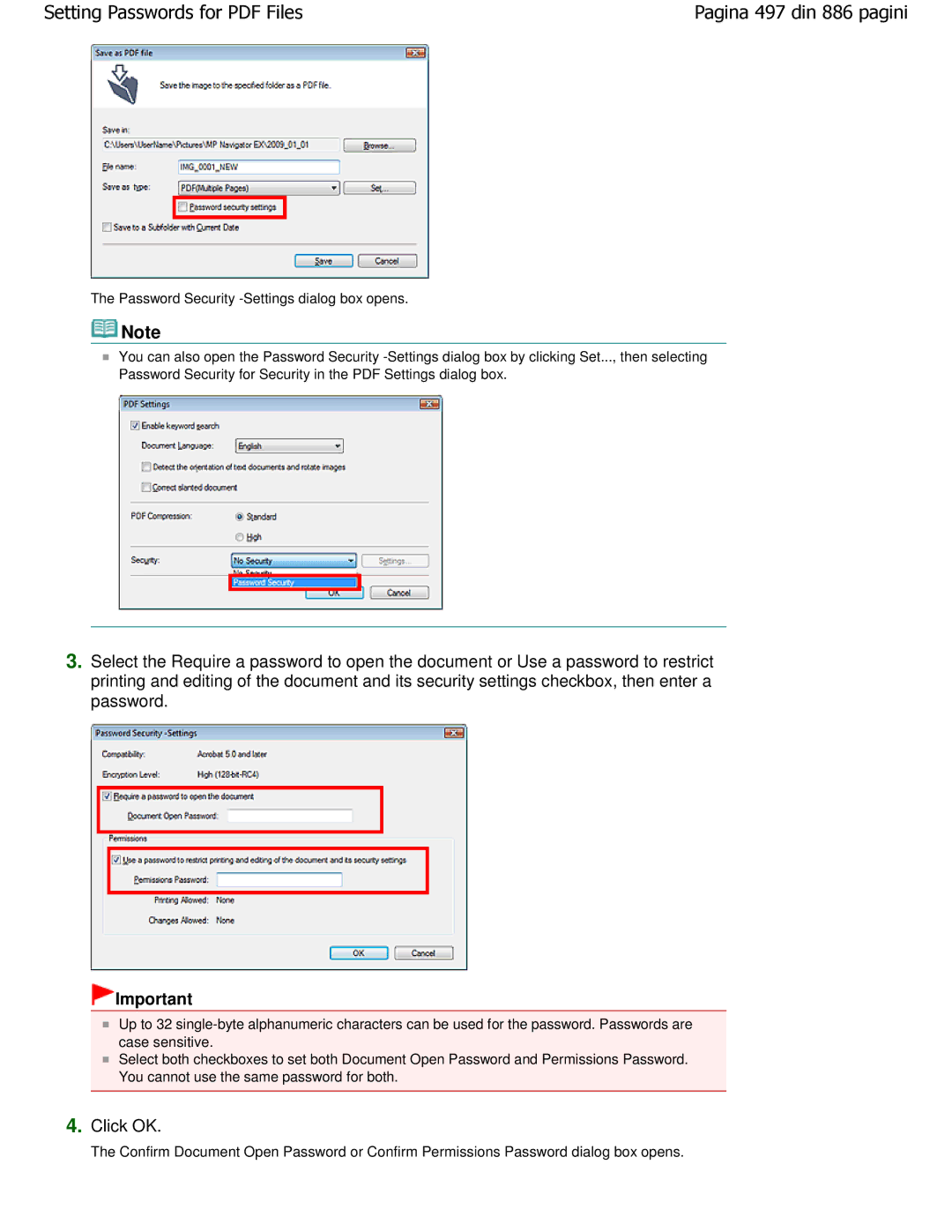 Canon MP550 manual Click OK, Password Security -Settings dialog box opens 