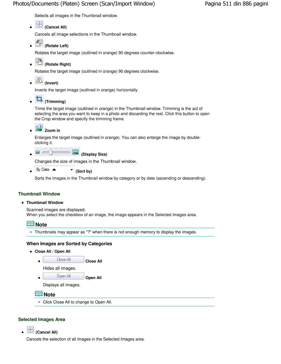 Canon MP550 manual Thumbnail Window, When Images are Sorted by Categories, Selected Images Area 