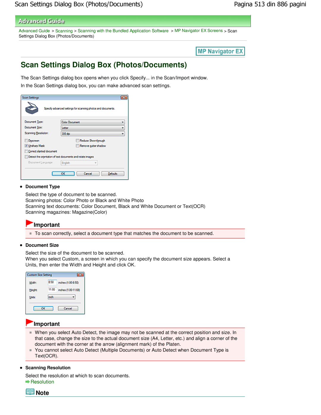 Canon MP550 manual Scan Settings Dialog Box Photos/Documents, Document Size, Scanning Resolution 