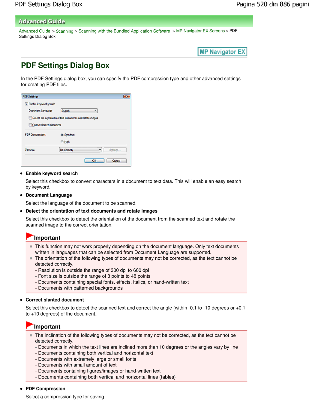 Canon MP550 manual Enable keyword search, Select the language of the document to be scanned 