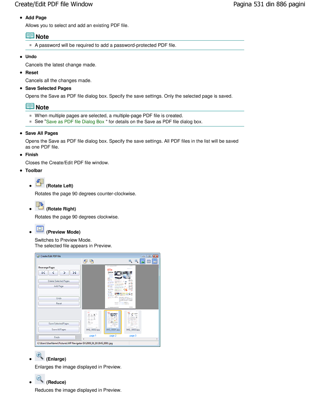 Canon MP550 manual Add, Reset, Save Selected Pages Save All Pages, Toolbar Rotate Left, Preview Mode 