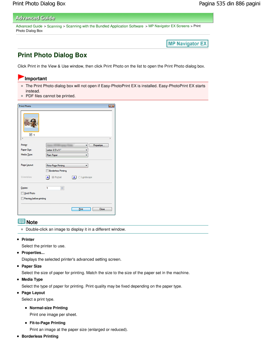 Canon MP550 manual Print Photo Dialog Box, Properties, Displays the selected printers advanced setting screen 