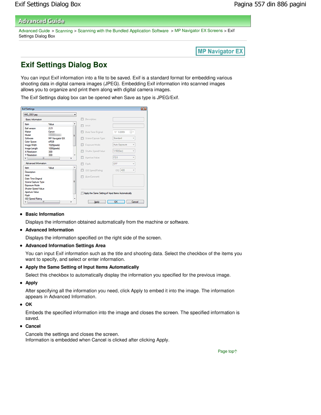 Canon MP550 manual Exif Settings Dialog Box, Basic Information, Advanced Information Settings Area 