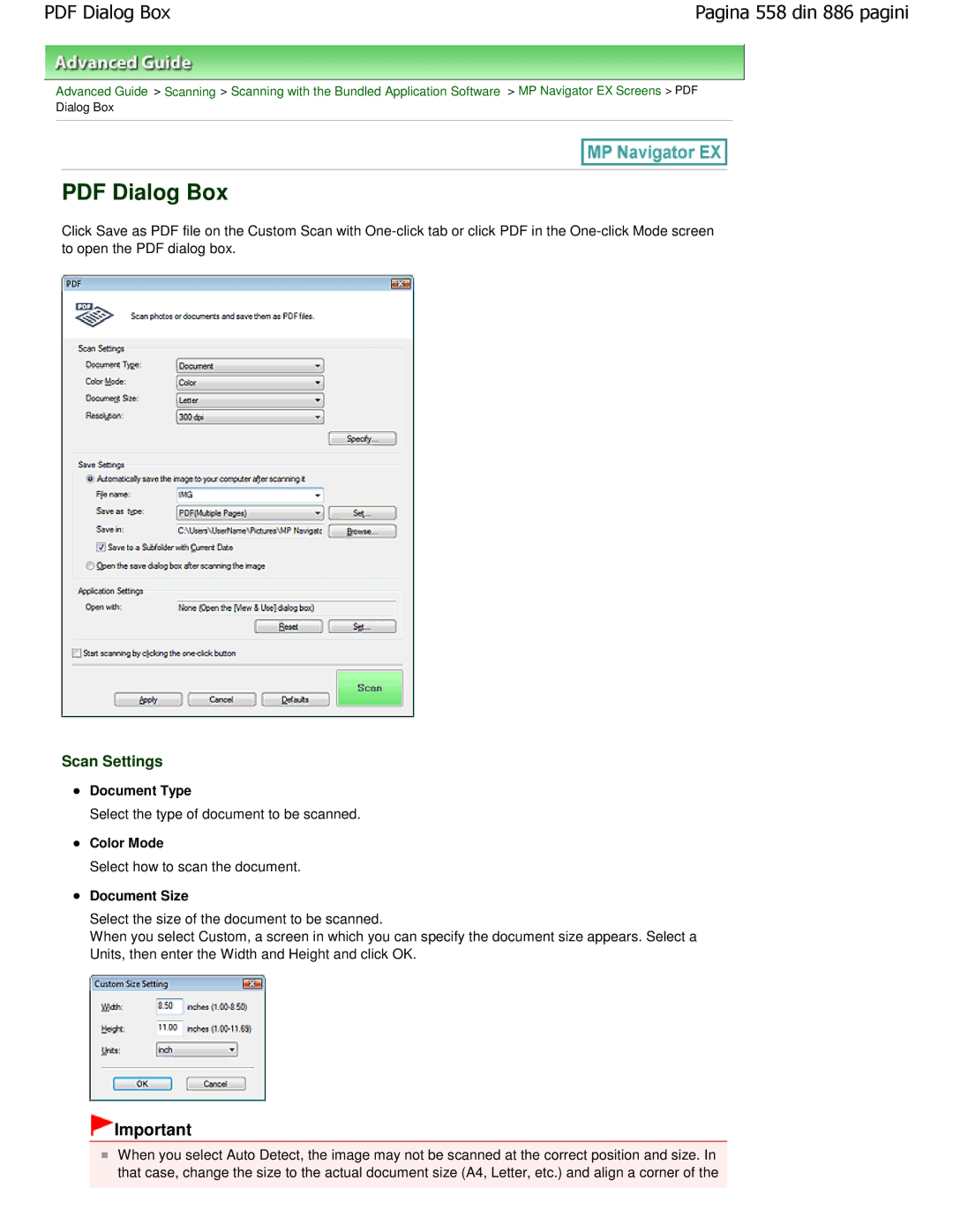 Canon MP550 manual Scan Settings, Select the type of document to be scanned 