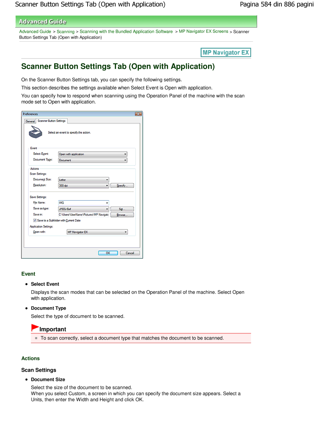 Canon MP550 manual Scanner Button Settings Tab Open with Application, Event 