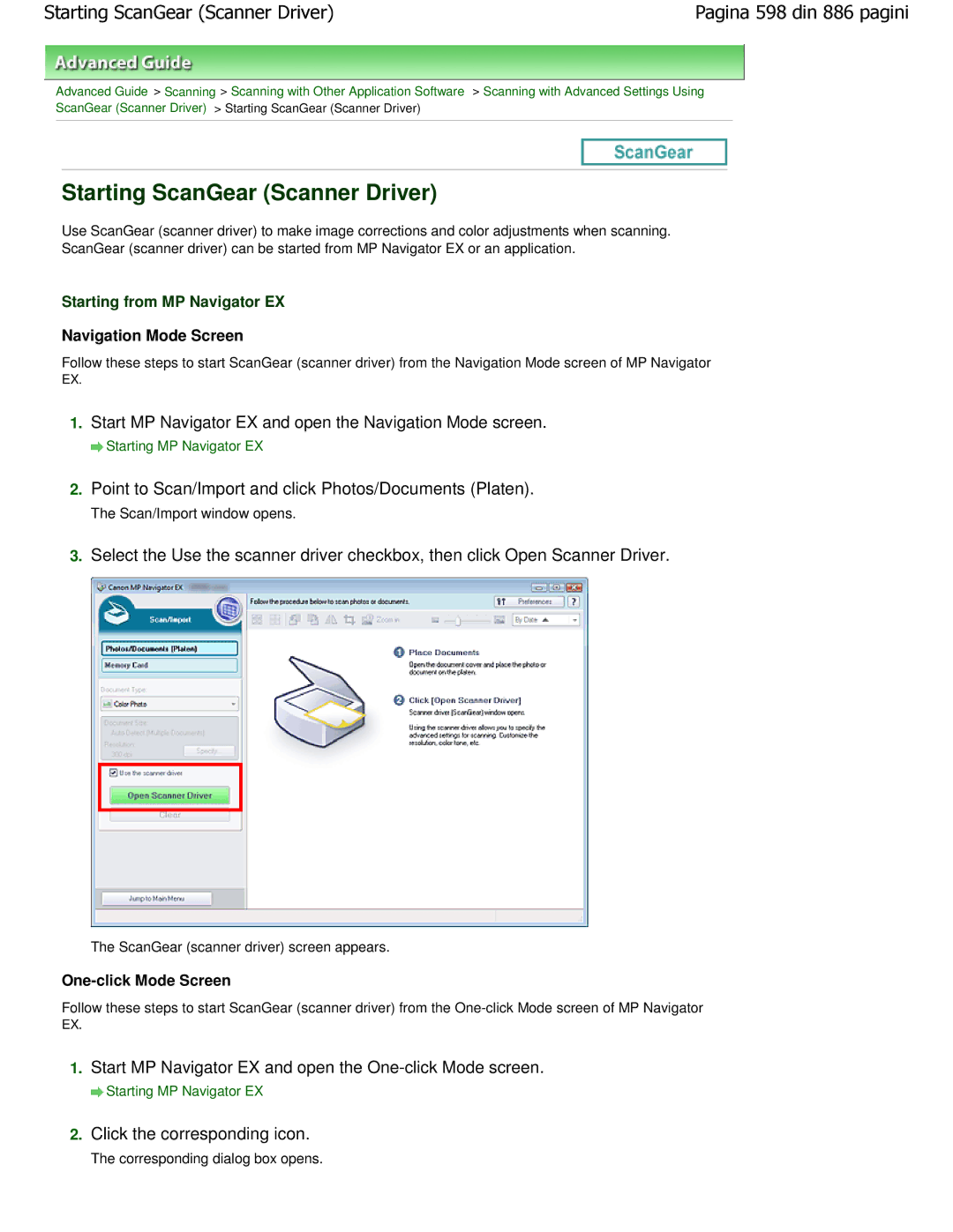 Canon MP550 manual Starting ScanGear Scanner Driver, Point to Scan/Import and click Photos/Documents Platen 