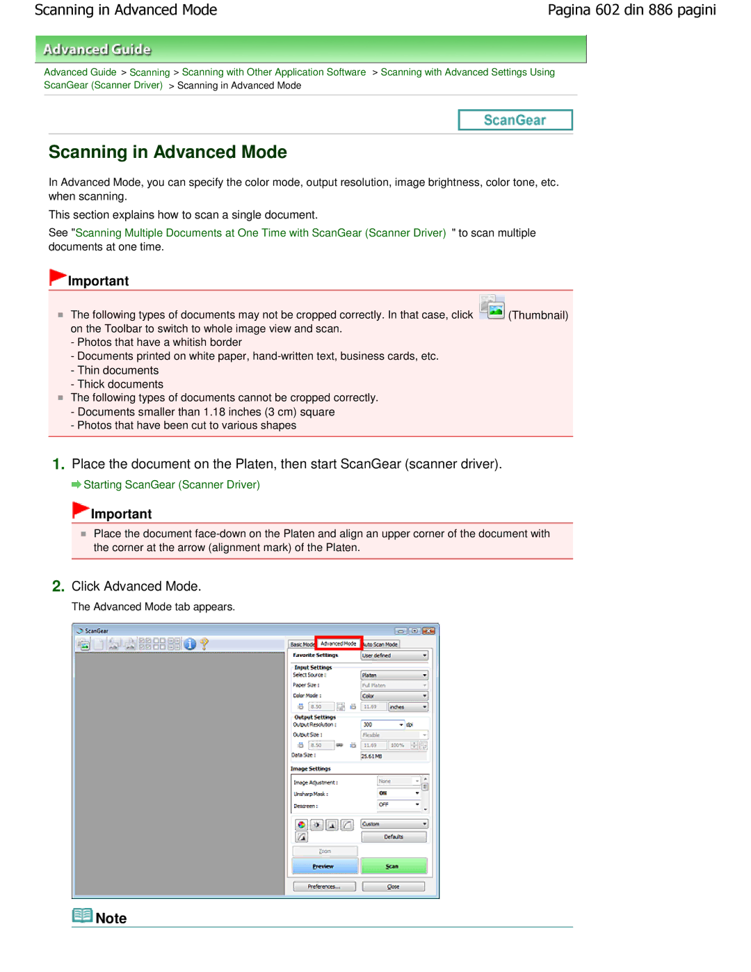 Canon MP550 manual Scanning in Advanced Mode, Click Advanced Mode, Advanced Mode tab appears 