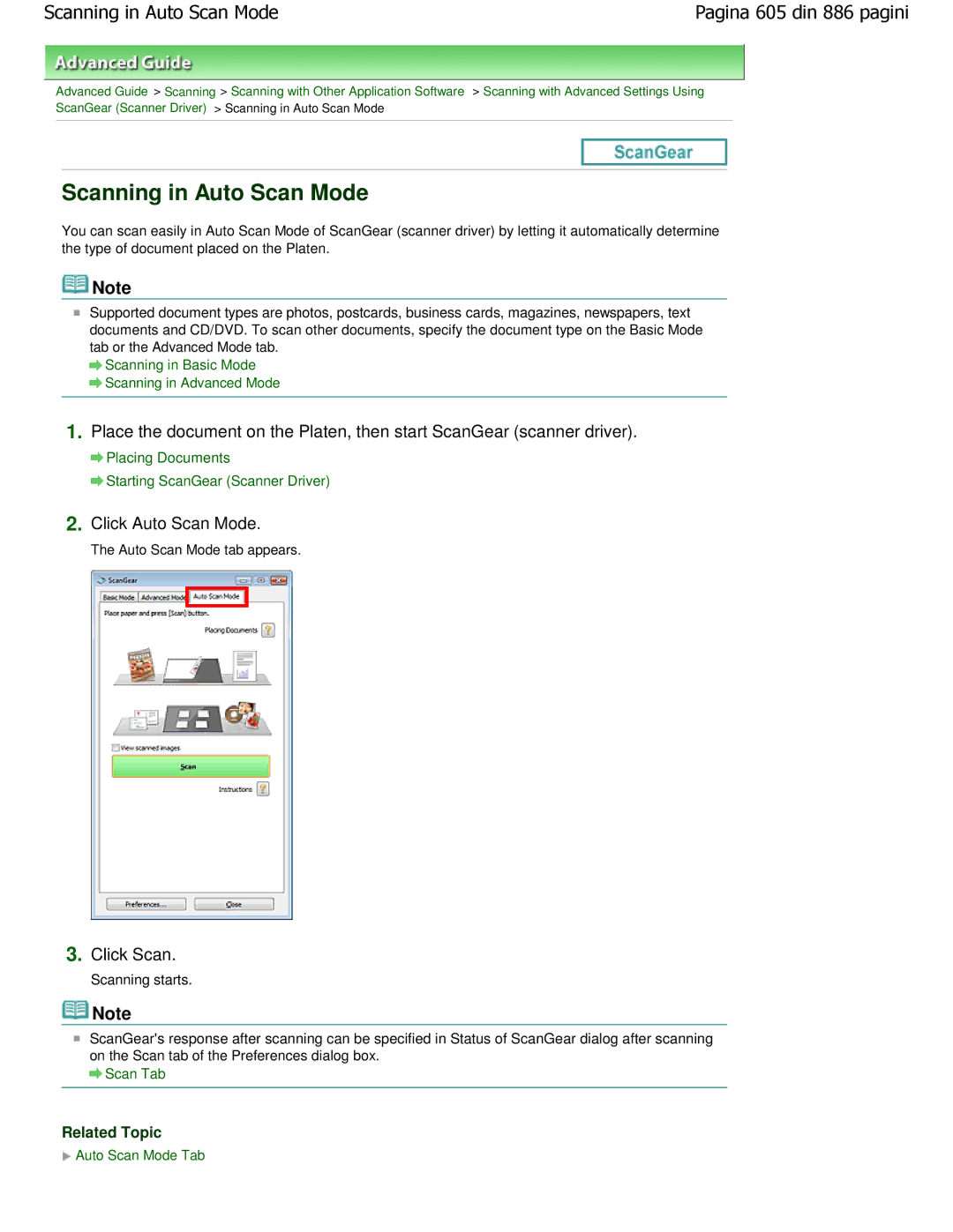 Canon MP550 manual Scanning in Auto Scan Mode, Click Auto Scan Mode, Scanning in Basic Mode Scanning in Advanced Mode 